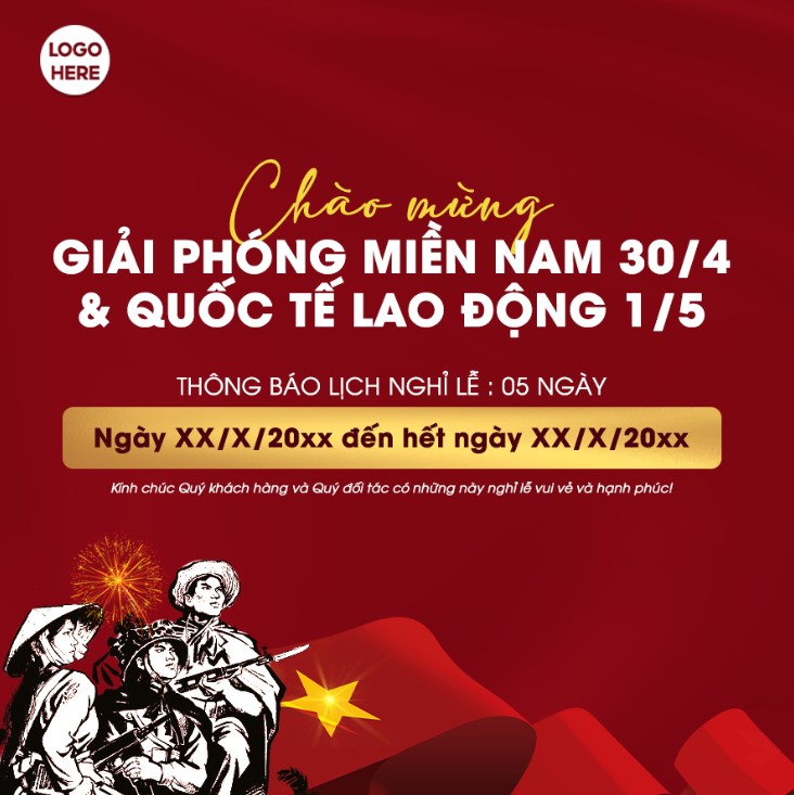 Holiday announcement for Vietnam’s Reunification Day and International Workers' Day banner poster social, poster thông báo lịch nghỉ lễ Ngày Thống nhất